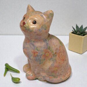 VTG Decoupage Floral Pastel Sweet Ceramic Cat Figurine Grandma Cottagecore